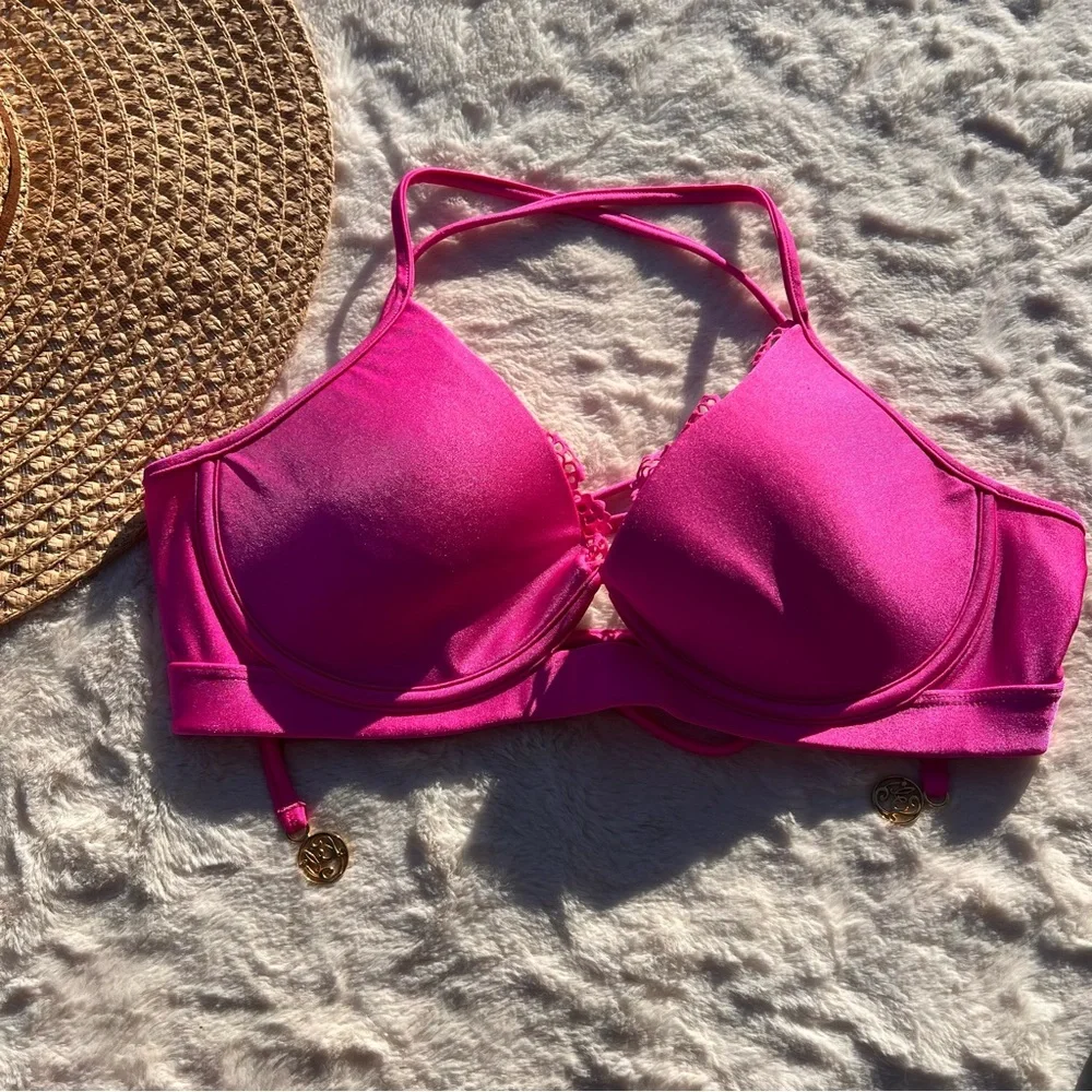 Luli Fama Neon Pink Underwire Bikini Top Large Push Up Support Corset Back - Picture 3 of 6
